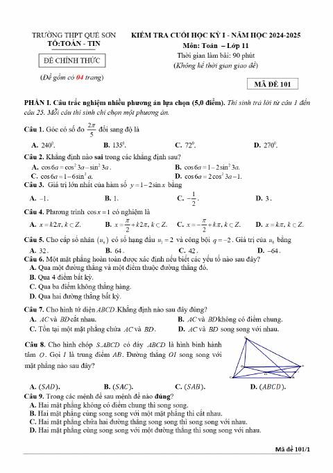 Đề thi Học kì 1 Toán 11 năm 2024-2025 trường THPT Quế Sơn (Quảng Nam)